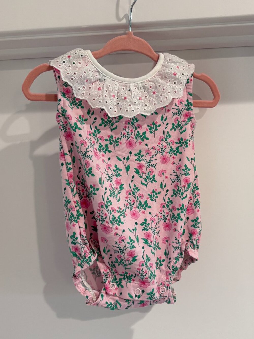 Florence Eiseman Pink Floral Eyelet Lace Collar Sunsuit Bubble Romper 0-3M